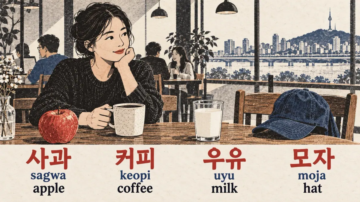 A café scene labels 사과 (sagwa), 커피 (keopi), 우유 (uyu) and 모자 (moja): apple, coffee, milk and hat.