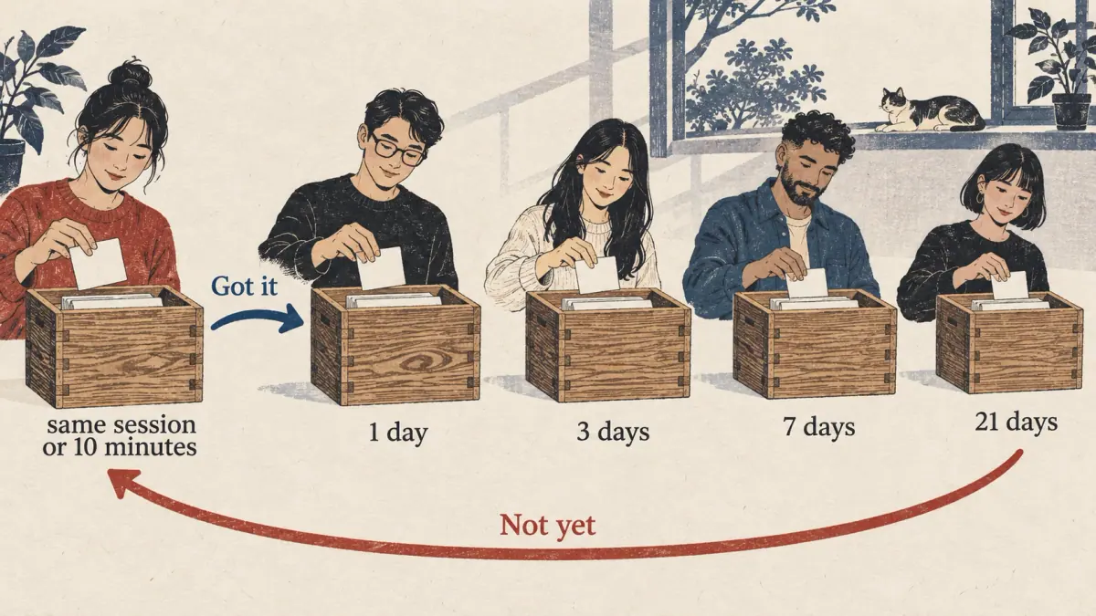 Five boxes show review intervals from 10 minutes to 21 days; Got it advances cards and Not yet returns them.