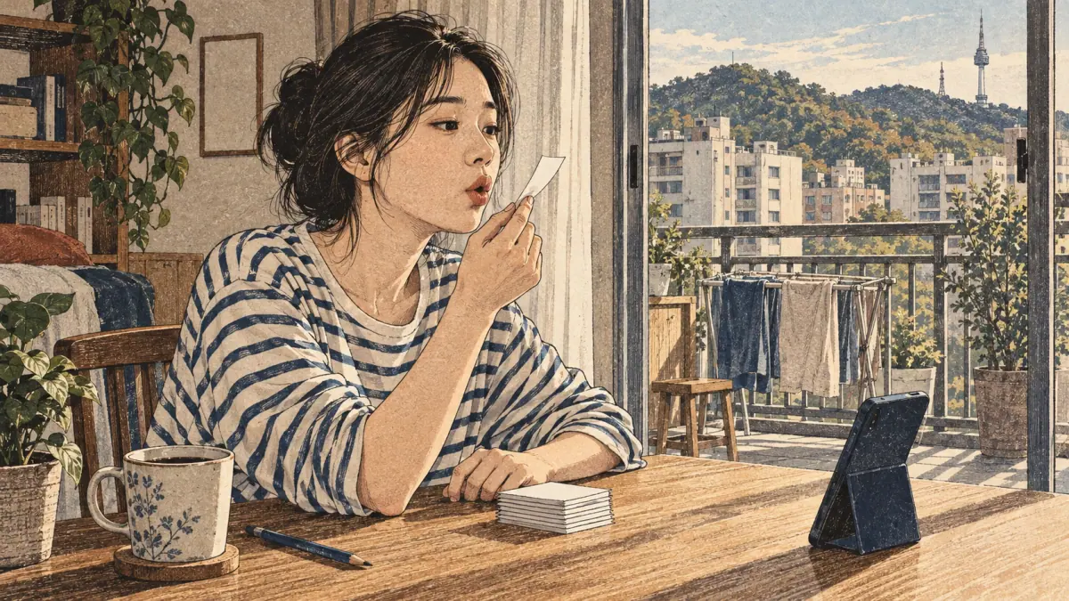 An adult learner tests a puff of air with a paper strip while reviewing flashcards in a Seoul apartment.
