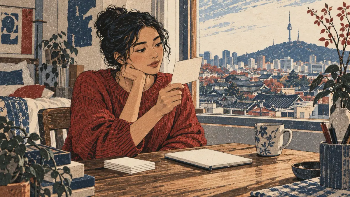 Adult learner reviewing blank flashcards at a desk overlooking Seoul.