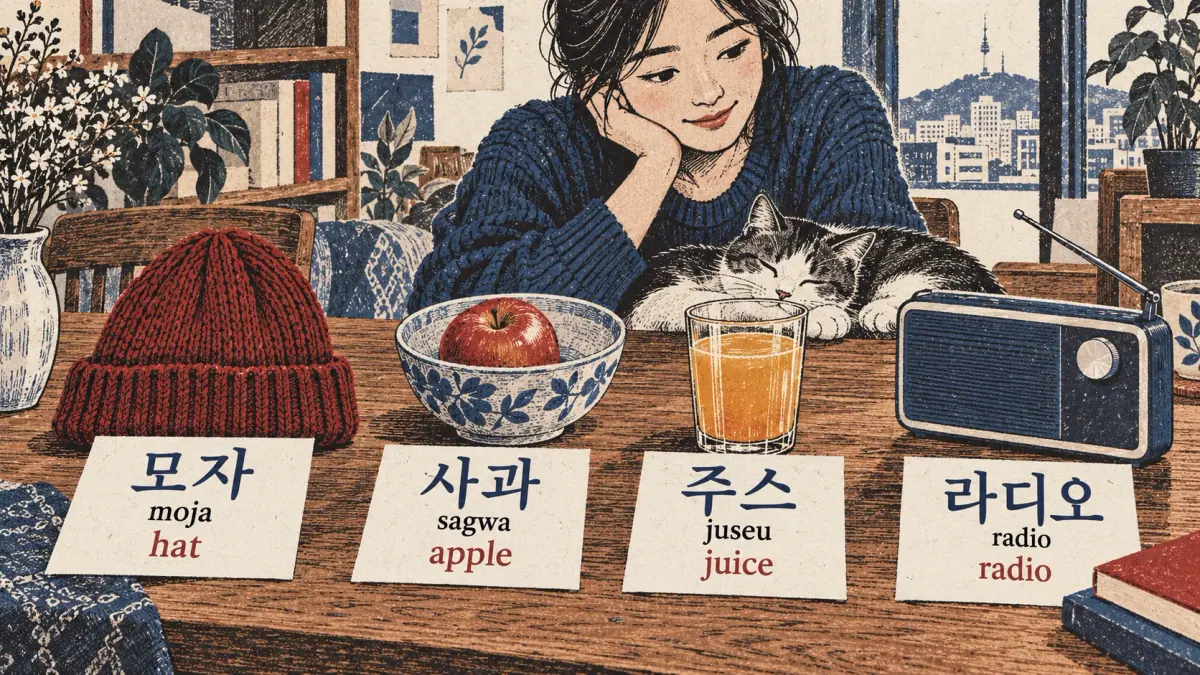 Hat 모자 moja, apple 사과 sagwa, juice 주스 juseu and radio 라디오 radio illustrate consonant card examples.
