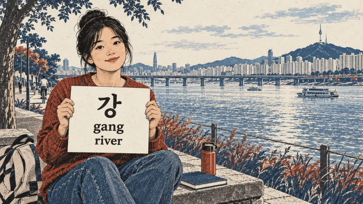 Learner beside the Han River holding a card reading 강, gang, river.