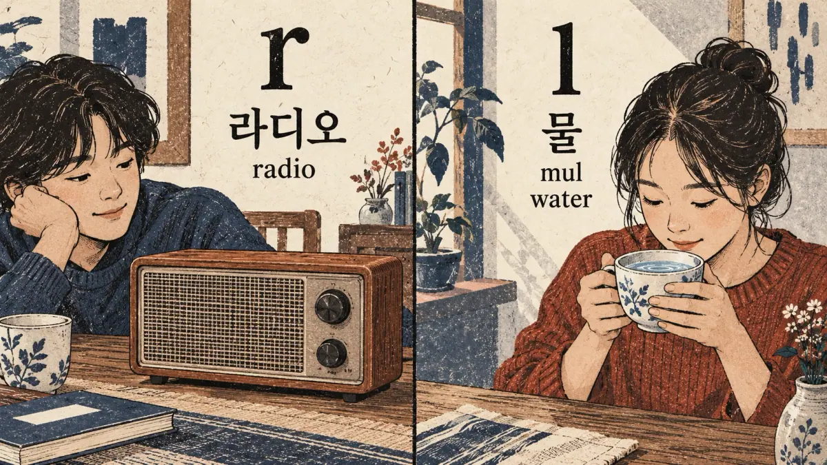Radio 라디오 radio and water 물 mul compare the r and l sounds of ㄹ.