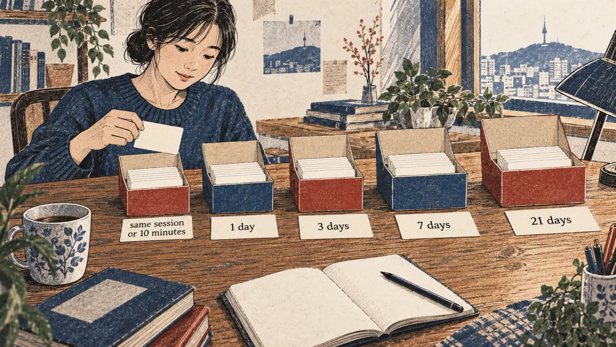 Five flashcard boxes show reviews after 10 minutes, 1 day, 3 days, 7 days and 21 days.