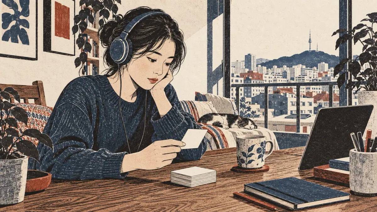 Adult learner listens through headphones while turning a blank vowel flashcard at a Seoul apartment desk.