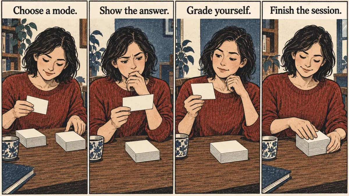 Four scenes show choosing a mode, recalling, checking the answer and finishing a flashcard session.