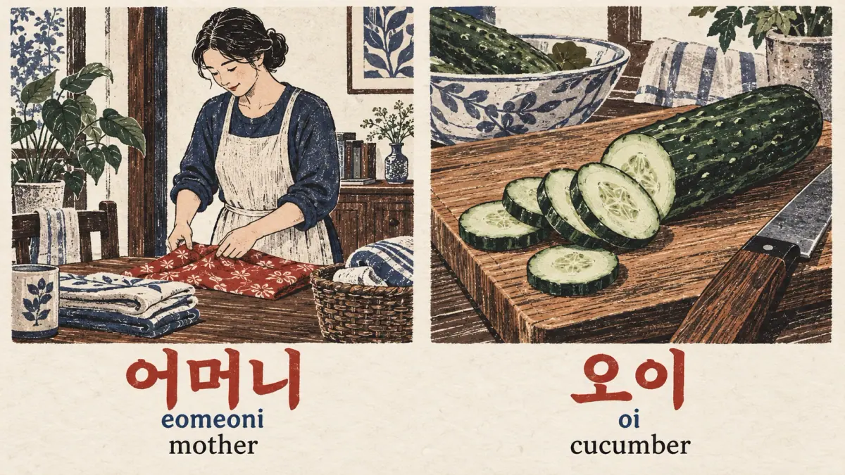 Mother 어머니 (eomeoni) and cucumber 오이 (oi) illustrated side by side to compare vowel sounds.