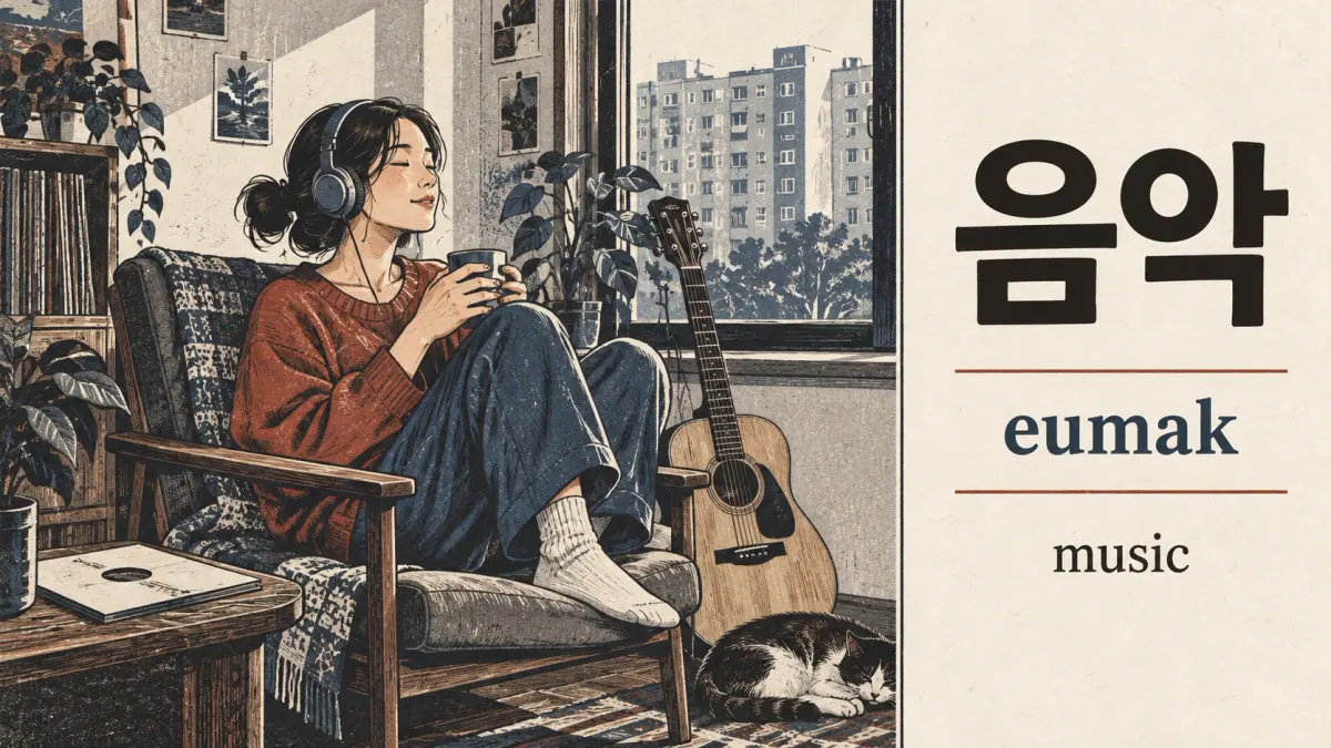 A learner listens to music: 음악 (eumak), a word showing the short, unrounded vowel.