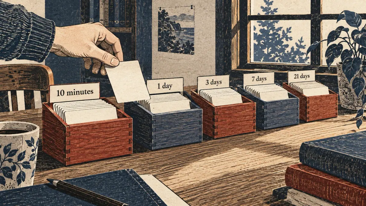 Five wooden flashcard boxes show review intervals from 10 minutes through 21 days.