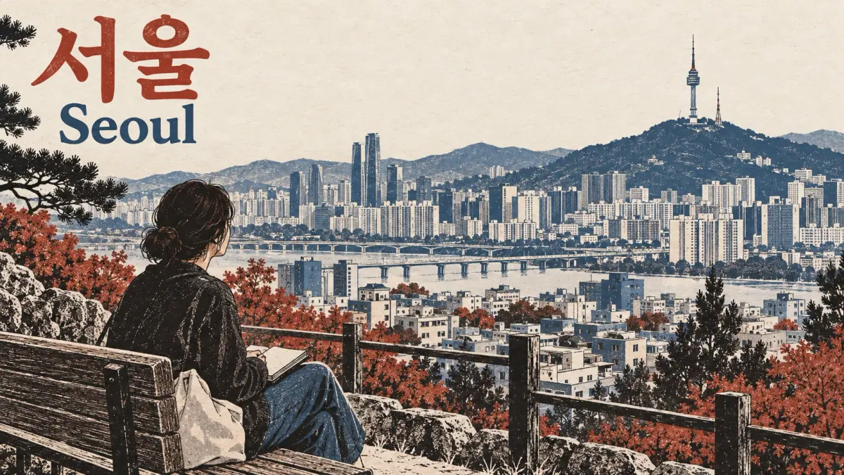 Seoul skyline and Namsan tower labelled 서울 (Seoul), a familiar place-name example.