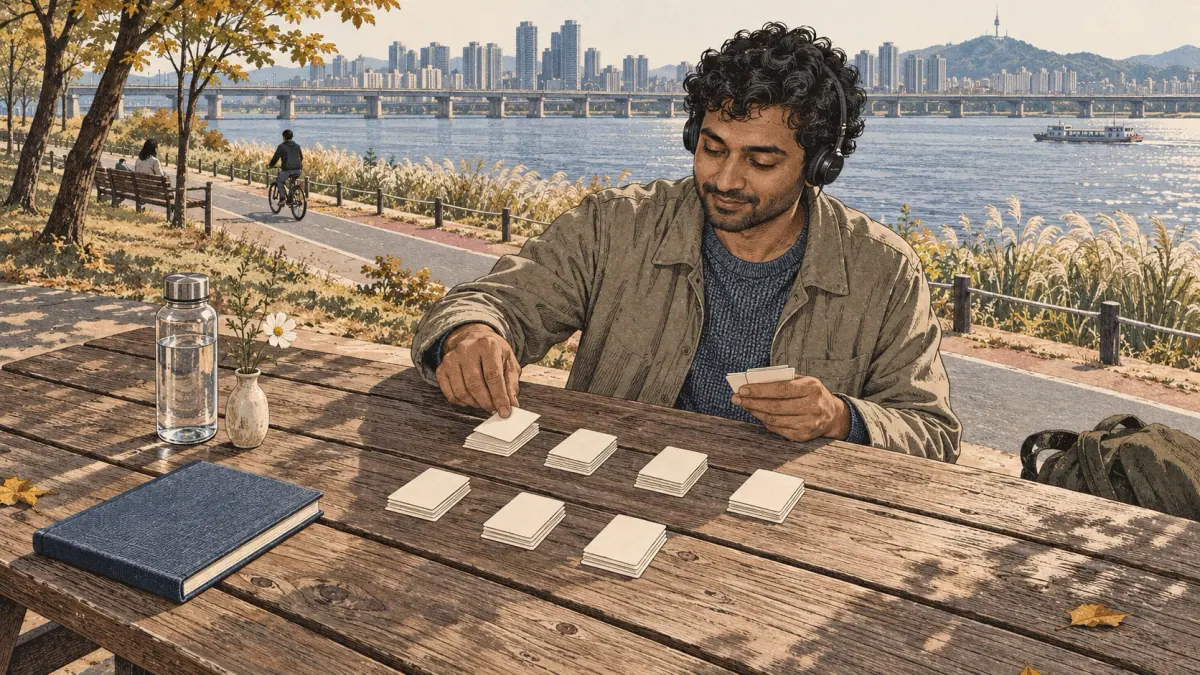 An adult learner sorts Korean final-sound flashcards into seven groups at a riverside table in Seoul.