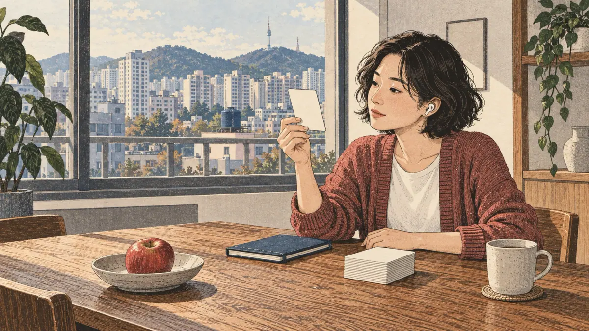 An adult learner reviewing compound vowel flashcards beside an apple in a Seoul apartment.