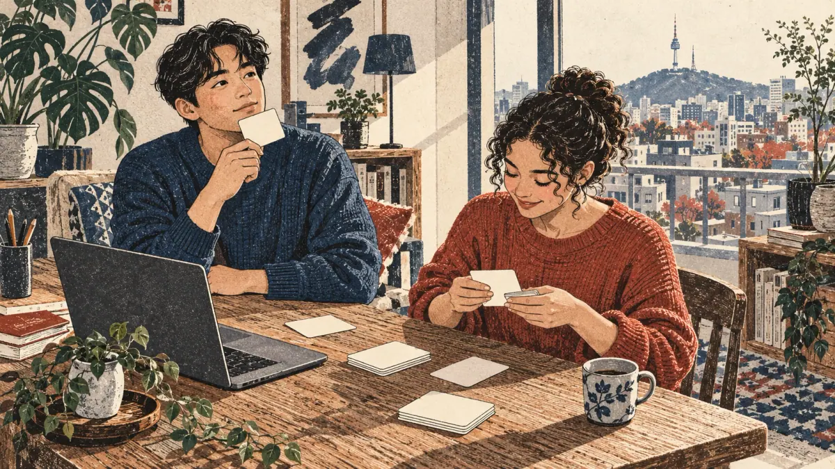 Two adults recall and shuffle blank consonant flashcards at a Seoul apartment desk.