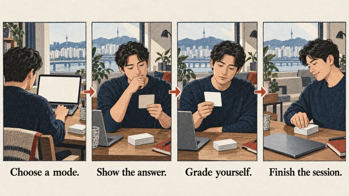 Four illustrated stages: choose a mode, recall before checking, grade yourself, finish the session.
