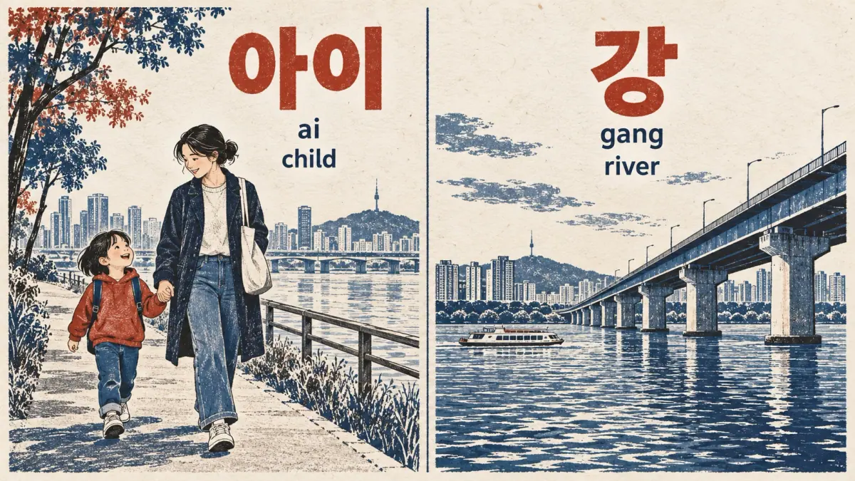 아이 (ai, child) beside a child and 강 (gang, river) beside the Han River.