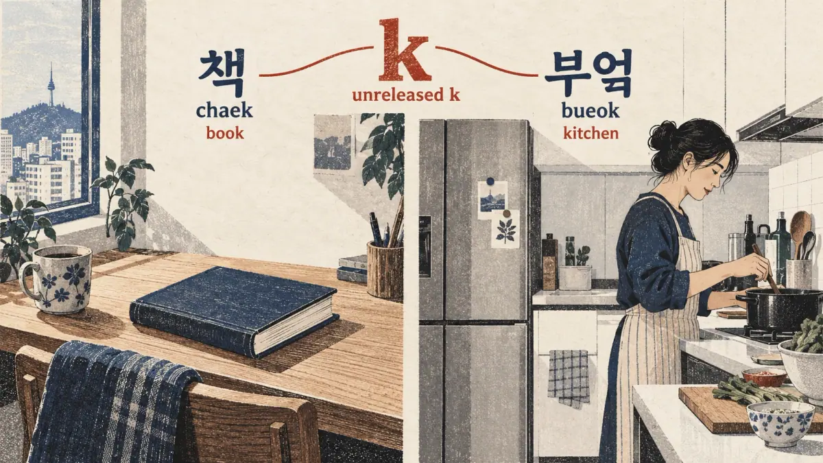 책 (chaek, book) and 부엌 (bueok, kitchen) share an unreleased final k.