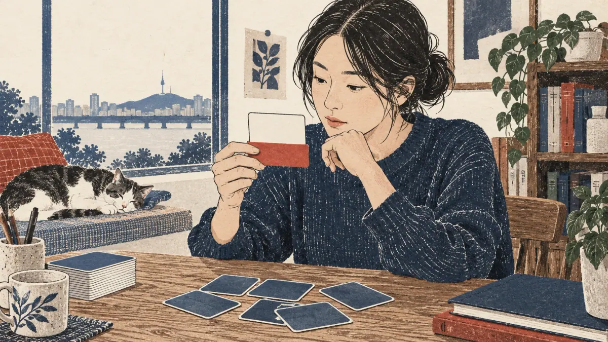 A learner covers flashcard hints and shuffles the deck to practise recognition independently.