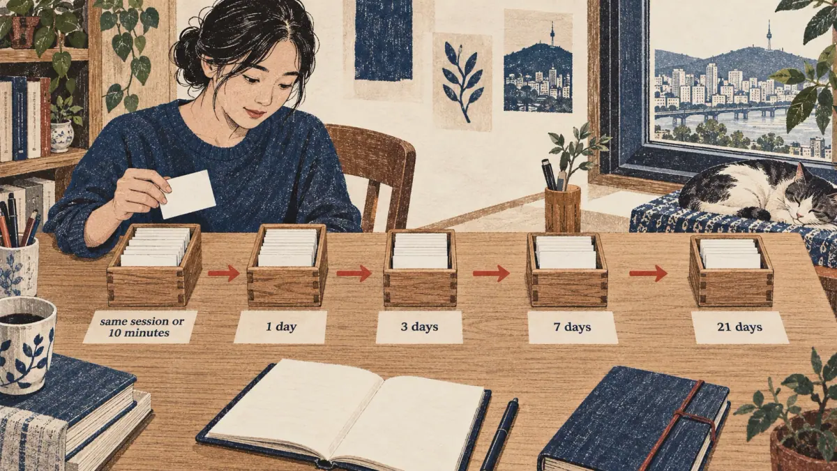 Five card boxes show spaced review intervals from 10 minutes to 21 days.