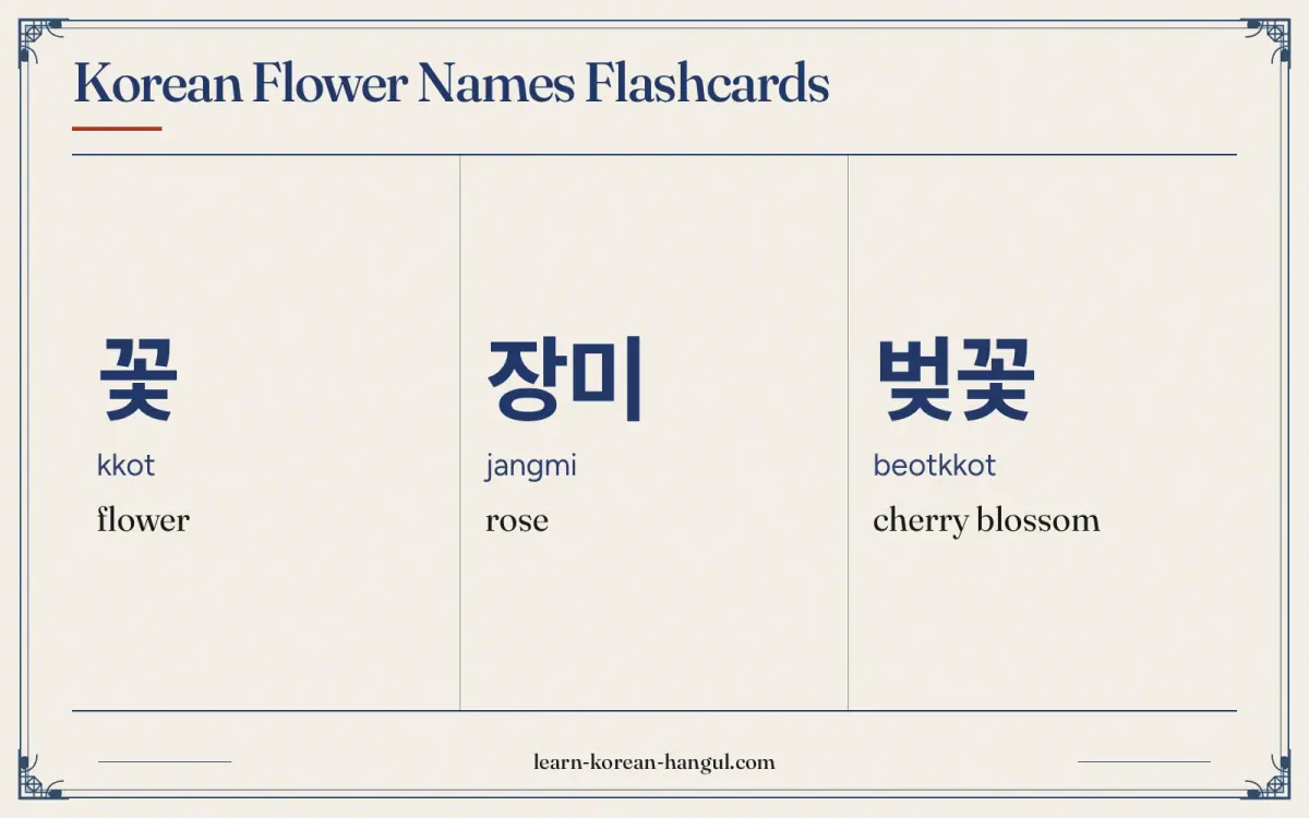 꽃 · kkot · flower · Korean Flower Names Flashcards