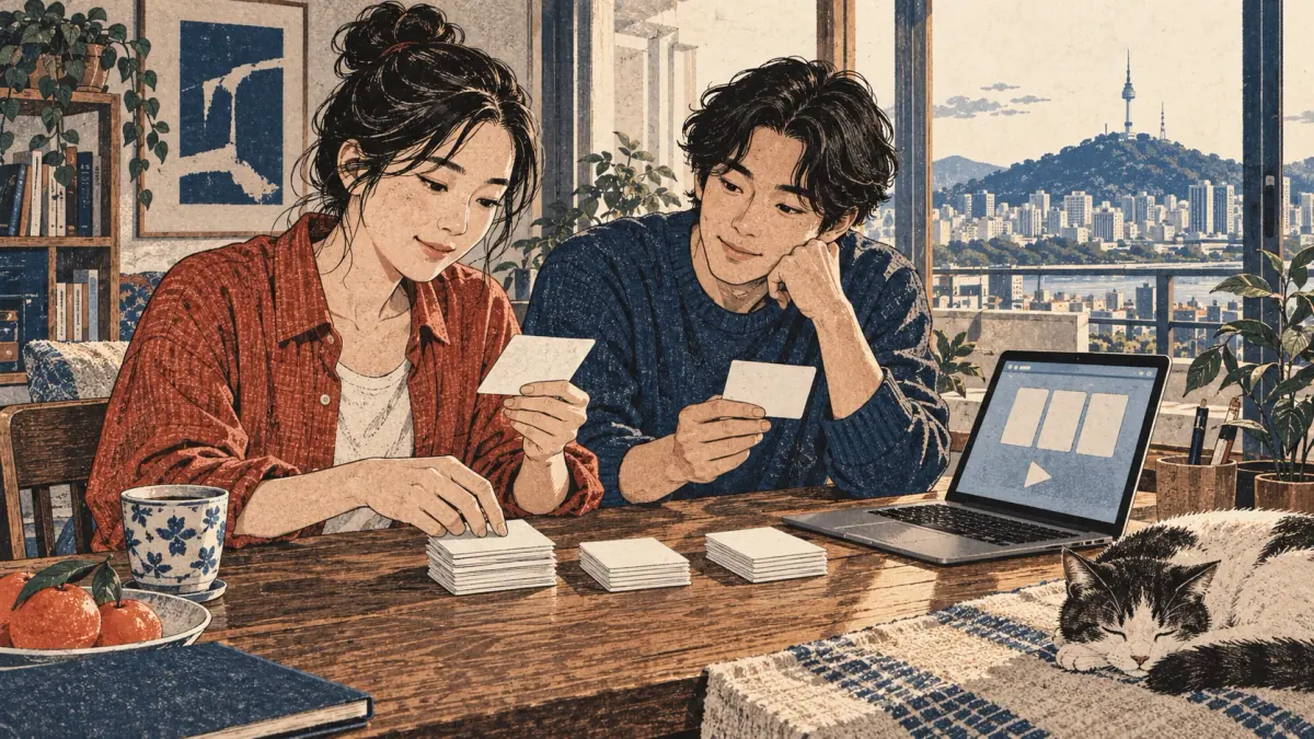 Adult learners review blank flashcards at a wooden table in a Seoul apartment.
