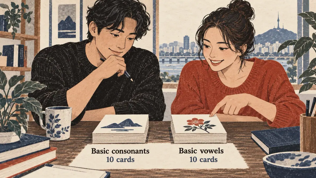Two ten-card starter stacks labelled Basic consonants and Basic vowels.