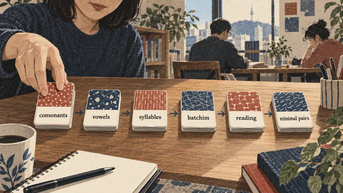 Six labelled card packets show the learning order from consonants to minimal pairs.