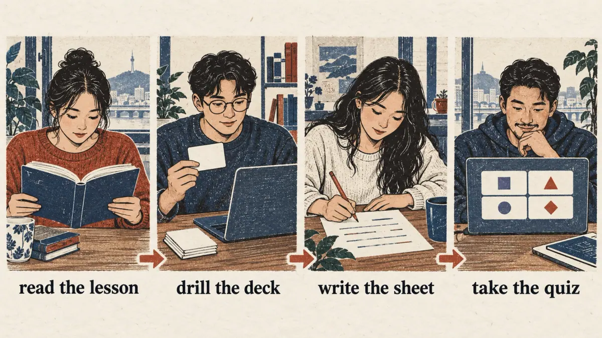 Four desk scenes show reading a lesson, reviewing a deck, writing a sheet and taking a quiz.