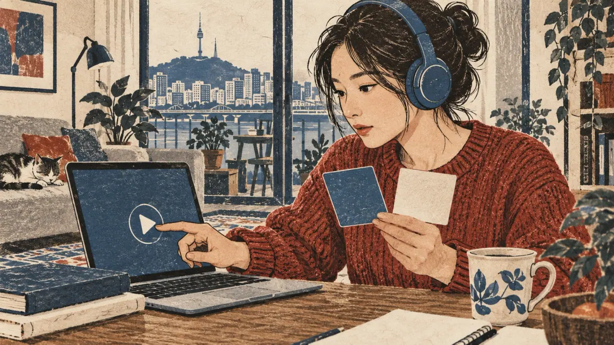 A learner presses an audio control while comparing flashcards and listening through headphones.