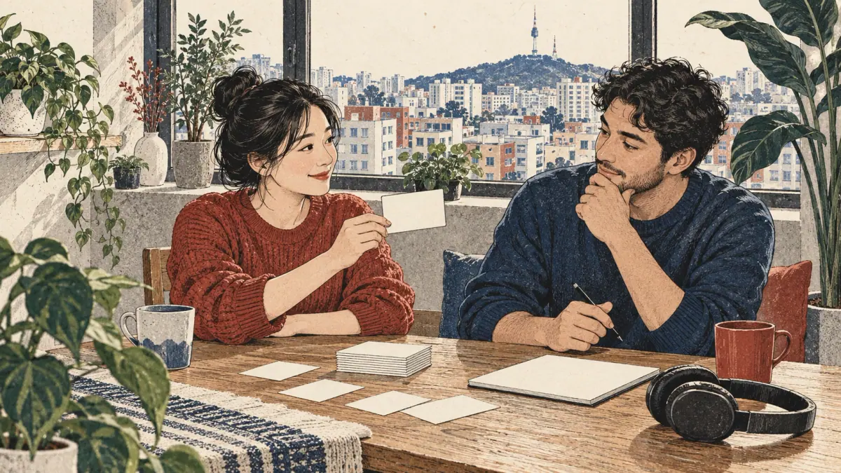Two adult learners practise recalling flashcard answers at a Seoul apartment table.