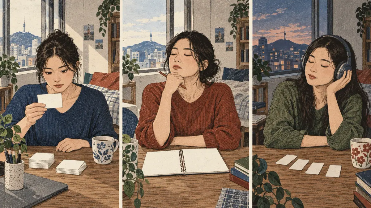 Three study situations show reading a card, recalling from a blank notebook and listening through headphones.