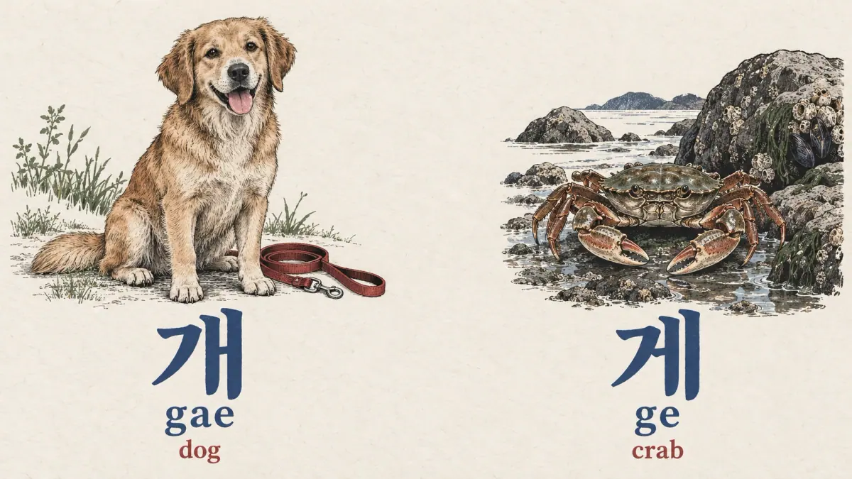 A dog labelled 개 (gae, dog) contrasts with a crab labelled 게 (ge, crab).