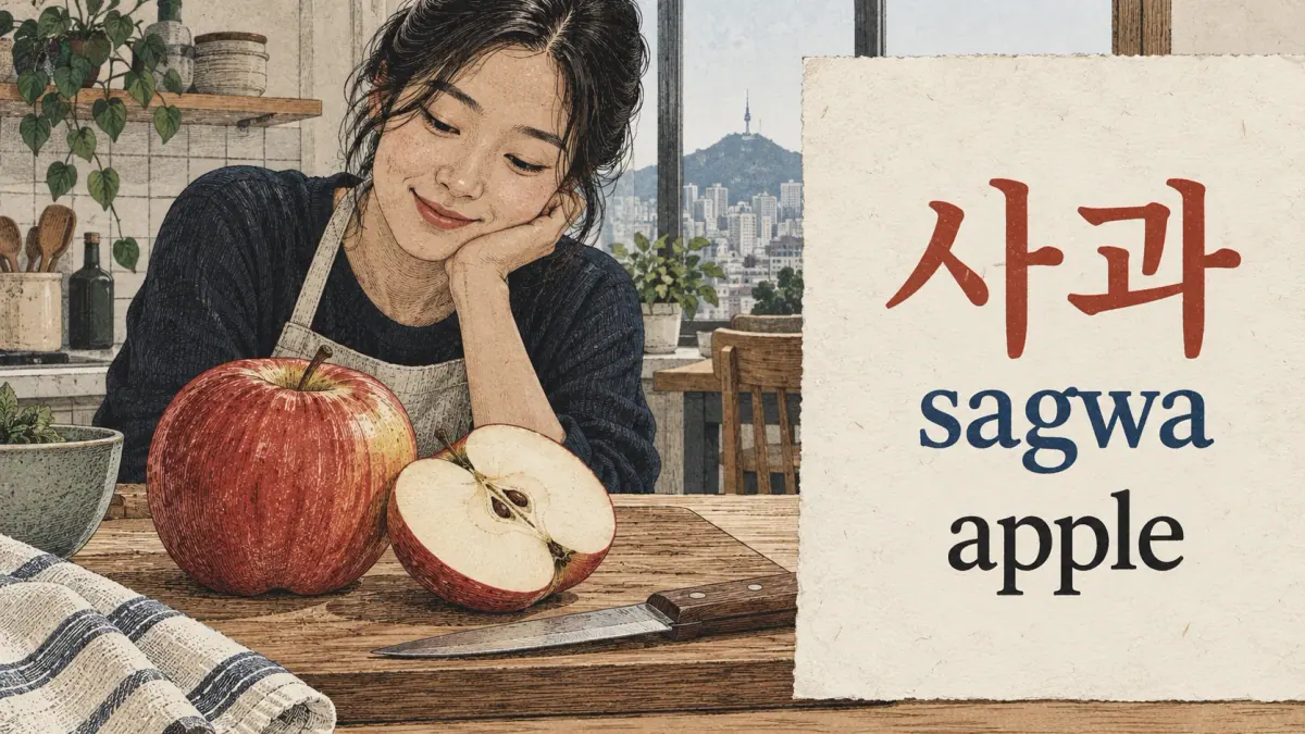 An apple beside 사과 (sagwa, apple) provides a word memory aid for a compound vowel.