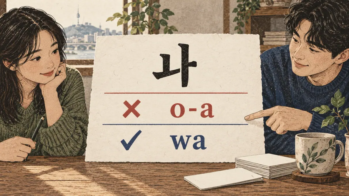 The vowel ㅘ contrasts incorrect o-a with correct wa, marked with a cross and tick.