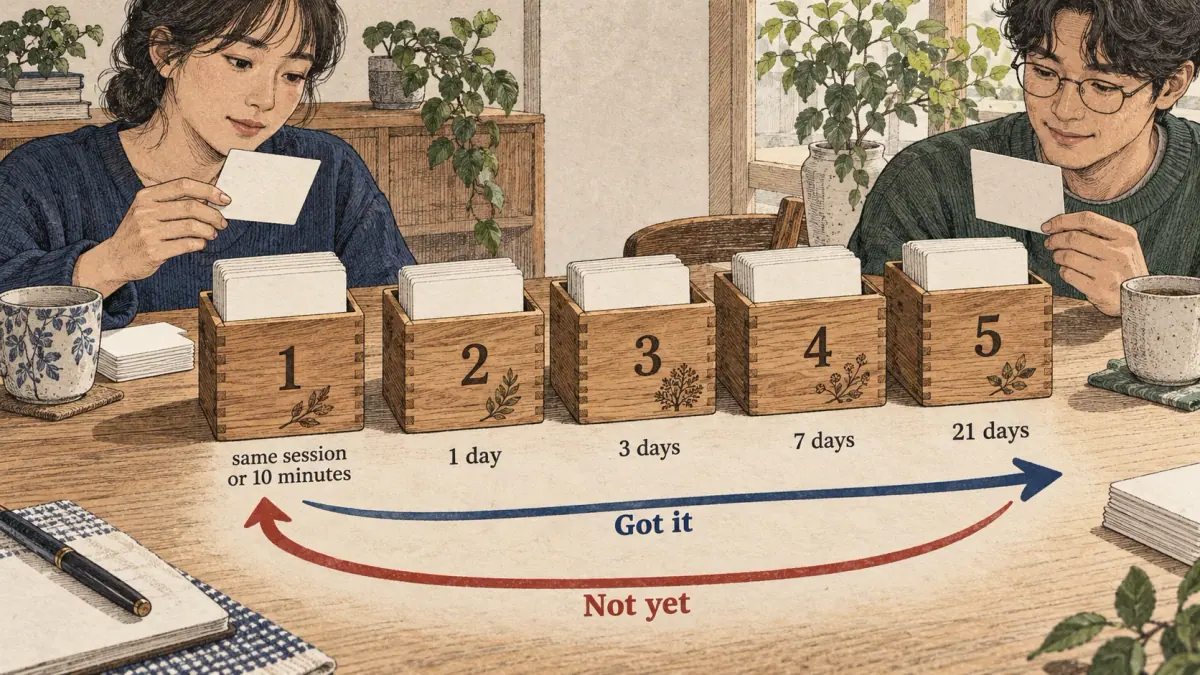 Five wooden flashcard boxes show review intervals from ten minutes to twenty-one days.