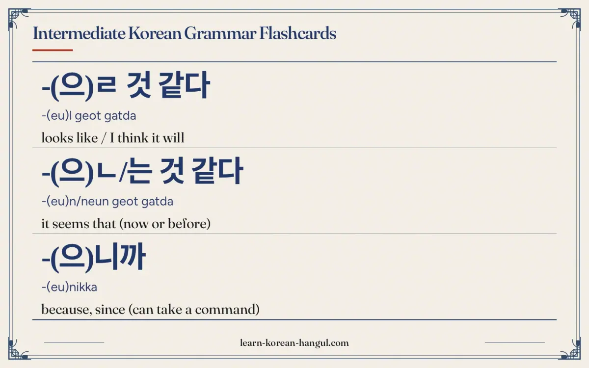-(으)ㄹ 것 같다 · -(eu)l geot gatda · looks like / I think it will · Intermediate Korean Grammar Flashcards
