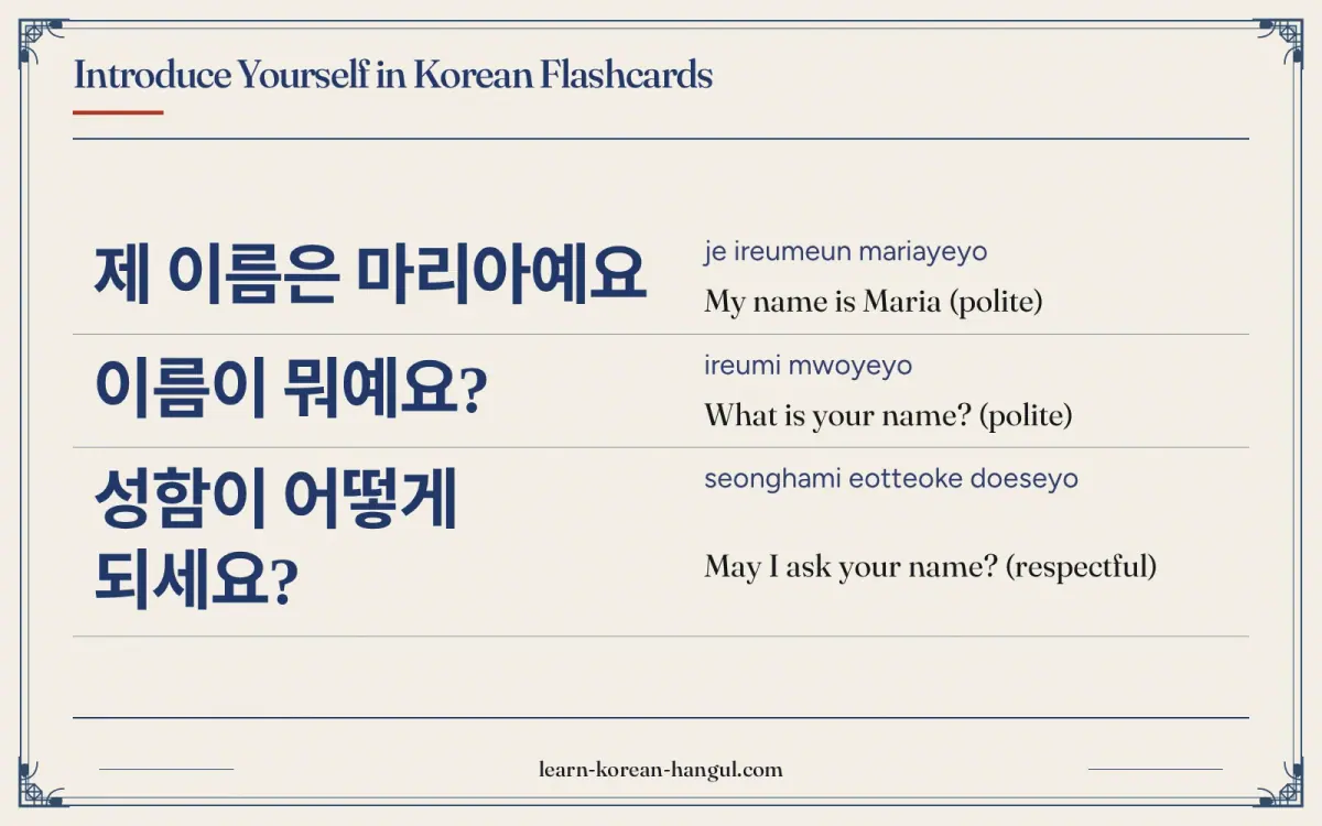 제 이름은 마리아예요 · je ireumeun mariayeyo · My name is Maria (polite) · Introduce Yourself in Korean Flashcards