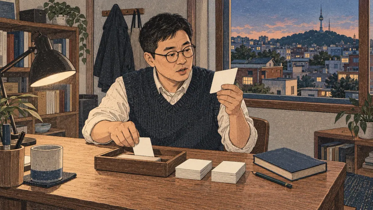 An adult learner rehearsing Korean letter names with flashcards in a Seoul study room.