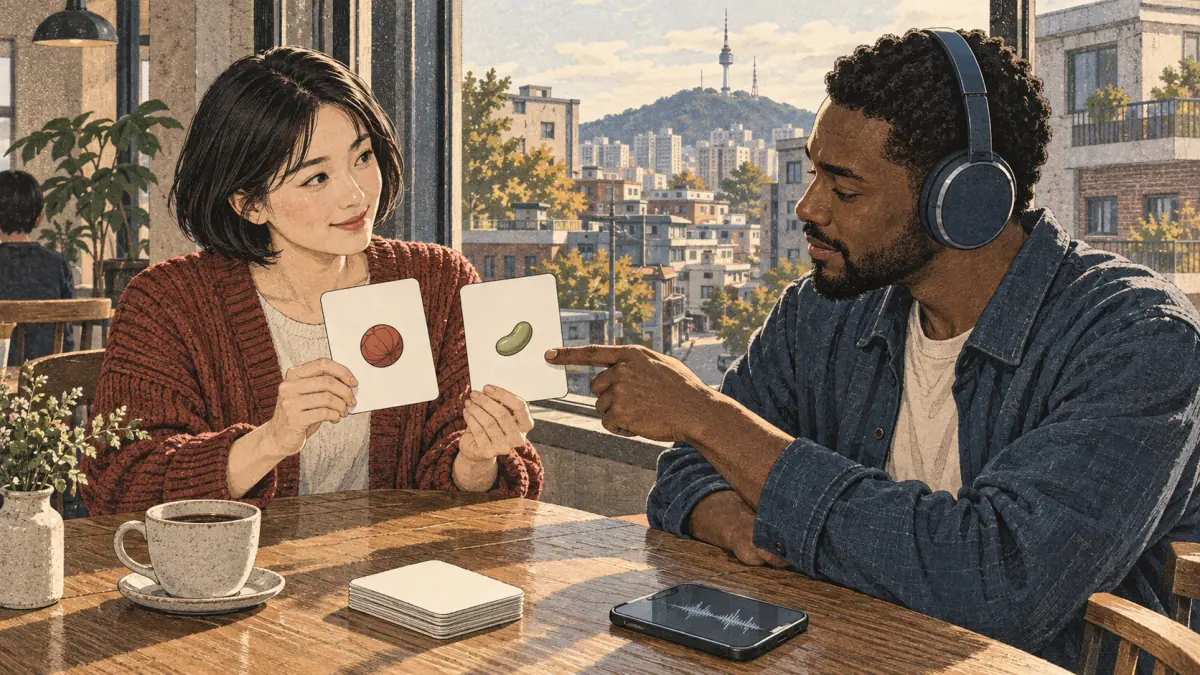 Two adult learners practise listening contrasts with picture flashcards in a Seoul café.