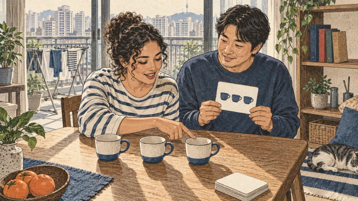 Una estudiante adulta cuenta tres tazas junto a tarjetas ilustradas en una mesa de un apartamento de Seúl.