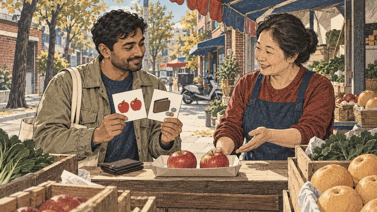 Un estudiante adulto repasa tarjetas ilustradas antes de comprar dos manzanas en un mercado de barrio de Seúl.