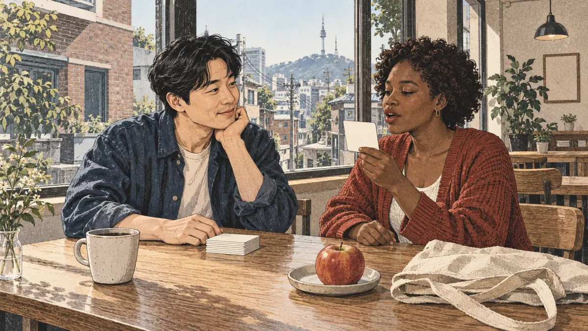 Adult learners practise reading flashcards aloud in a Seoul café.