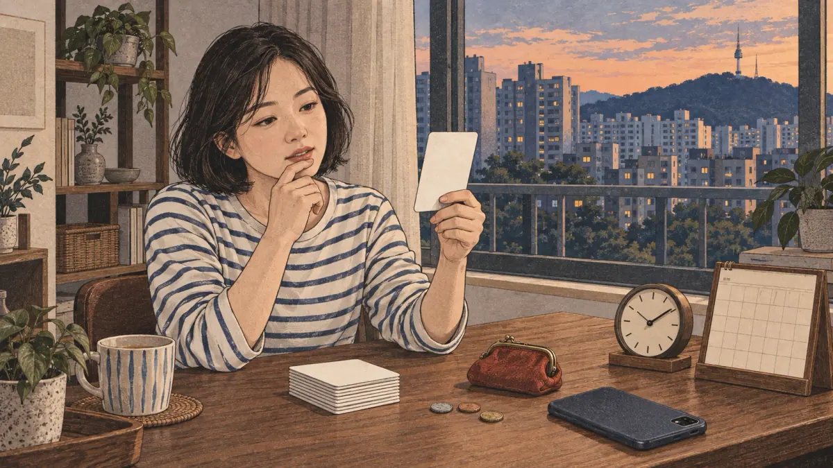 A learner reviews number flashcards with everyday objects at a Seoul apartment desk.