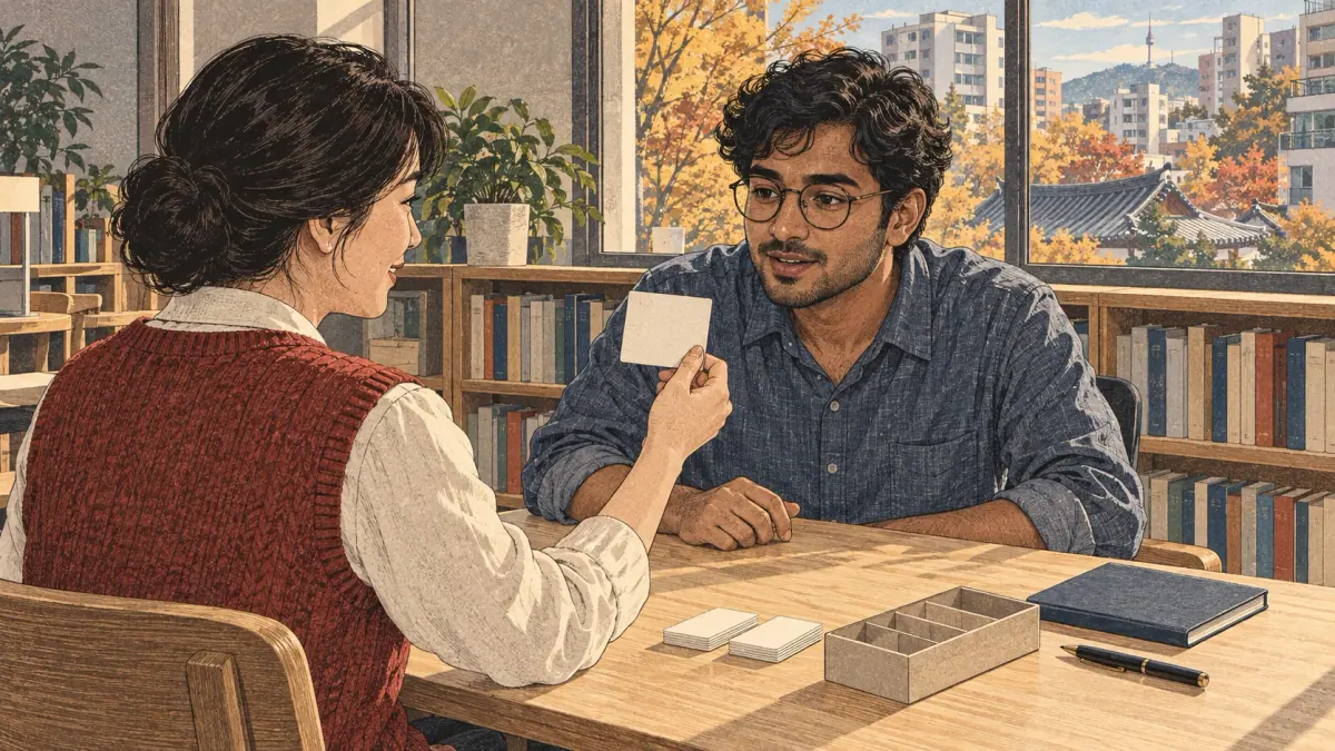 Two adults practise syllable flashcards together in a Seoul community library.
