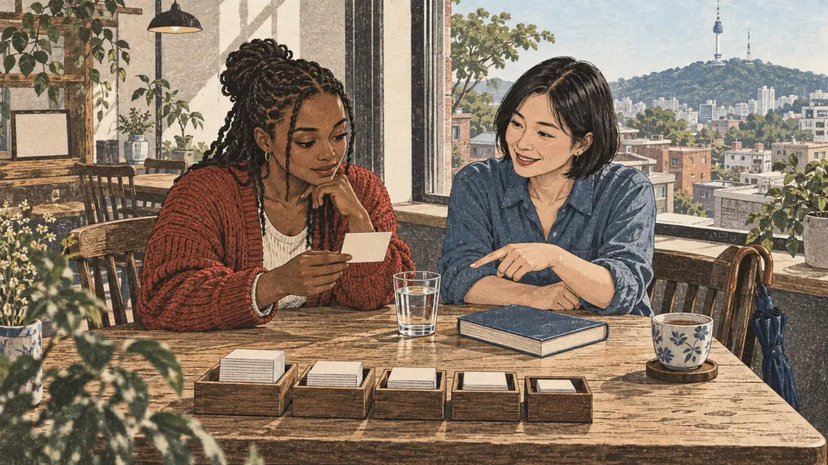 Dos adultas practican vocabulario cotidiano en coreano con tarjetas en un café de Seúl.