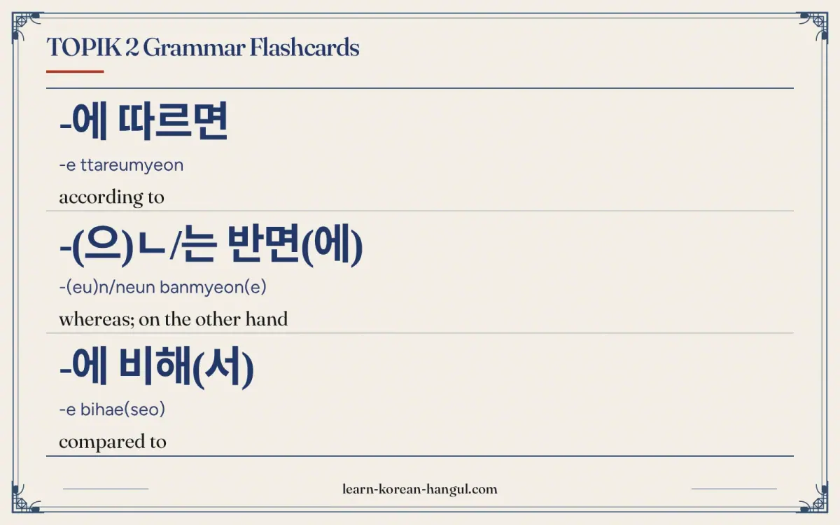 -에 따르면 · -e ttareumyeon · according to · TOPIK 2 Grammar Flashcards