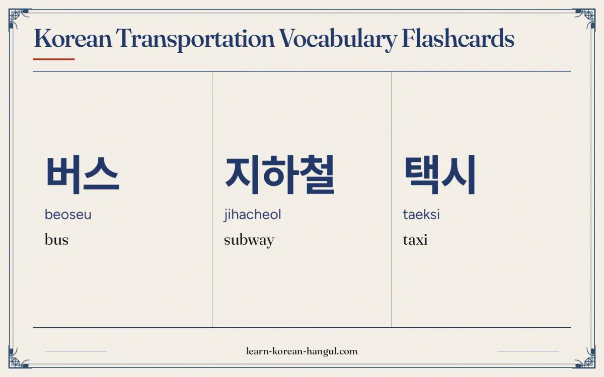 버스 · beoseu · bus · Korean Transportation Vocabulary Flashcards