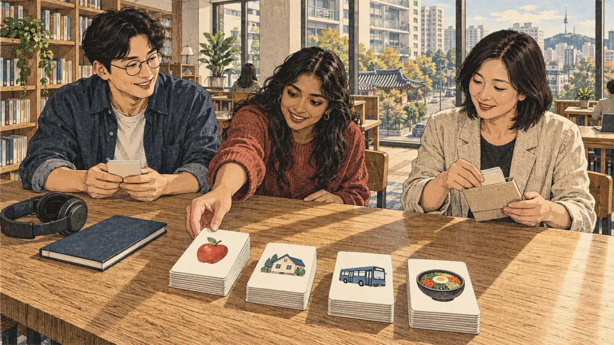 Three adult learners choose illustrated vocabulary flashcard decks in a Seoul library.