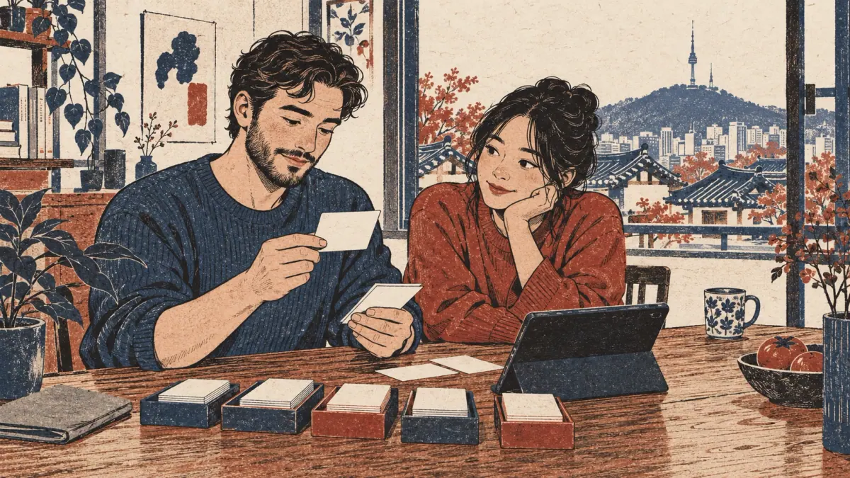 Two adults review blank flashcards beside five card trays at a Seoul apartment table.