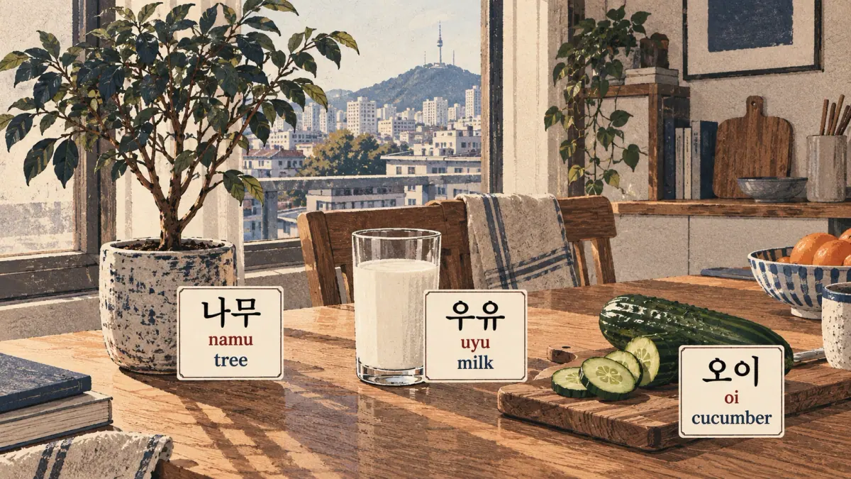 Flashcard vocabulary: 나무 (namu), 우유 (uyu), 오이 (oi).