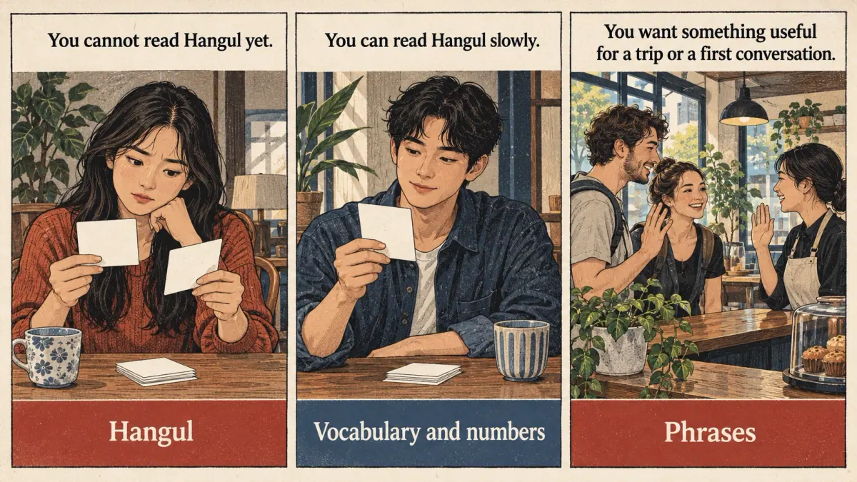Three scenes pair reading ability and travel goals with Hangul, vocabulary and phrase decks.